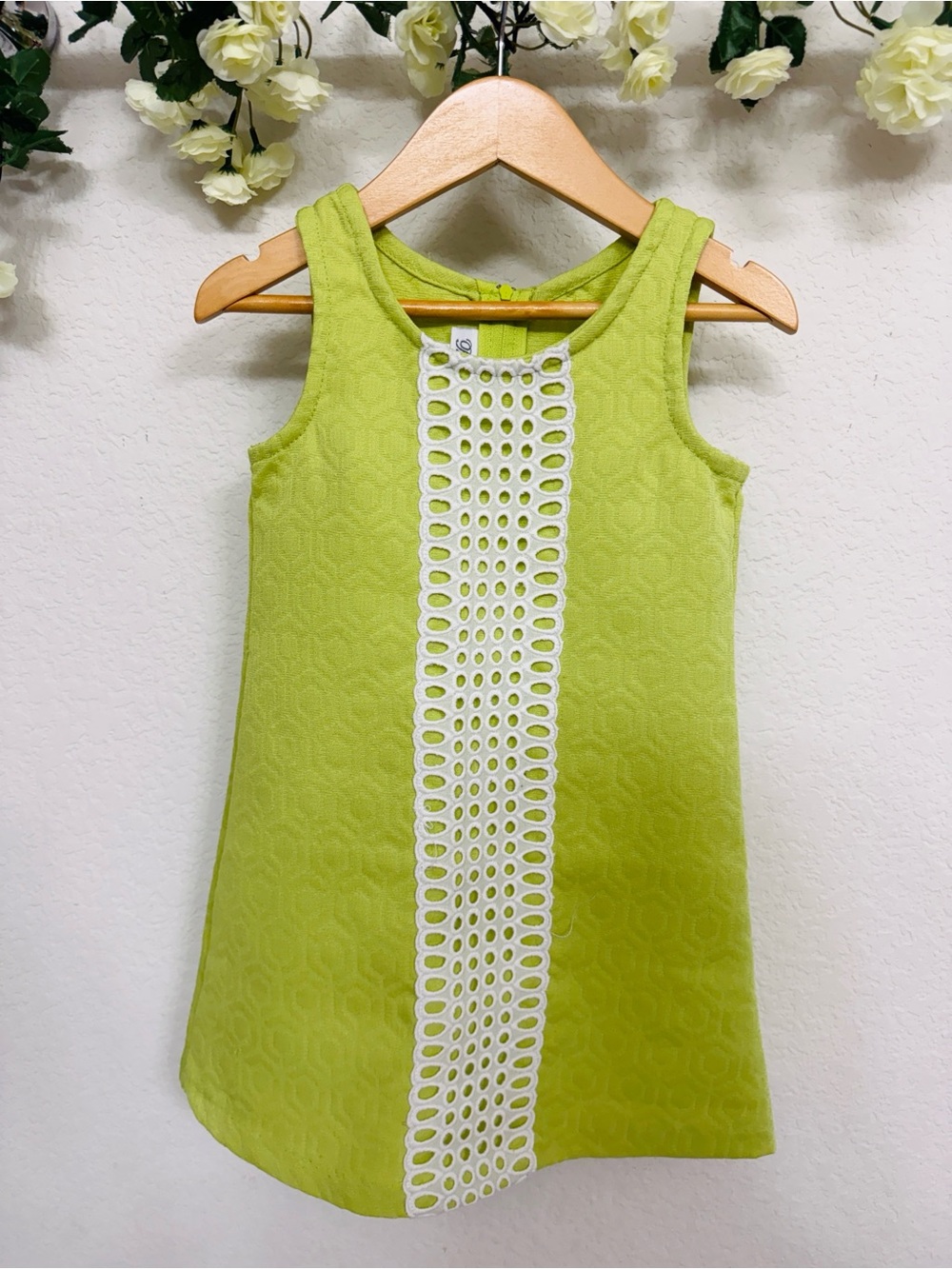 Bonnie Jean • Girls 4 Lime Green Shift Dress White Crochet Eyelet Spring Easter